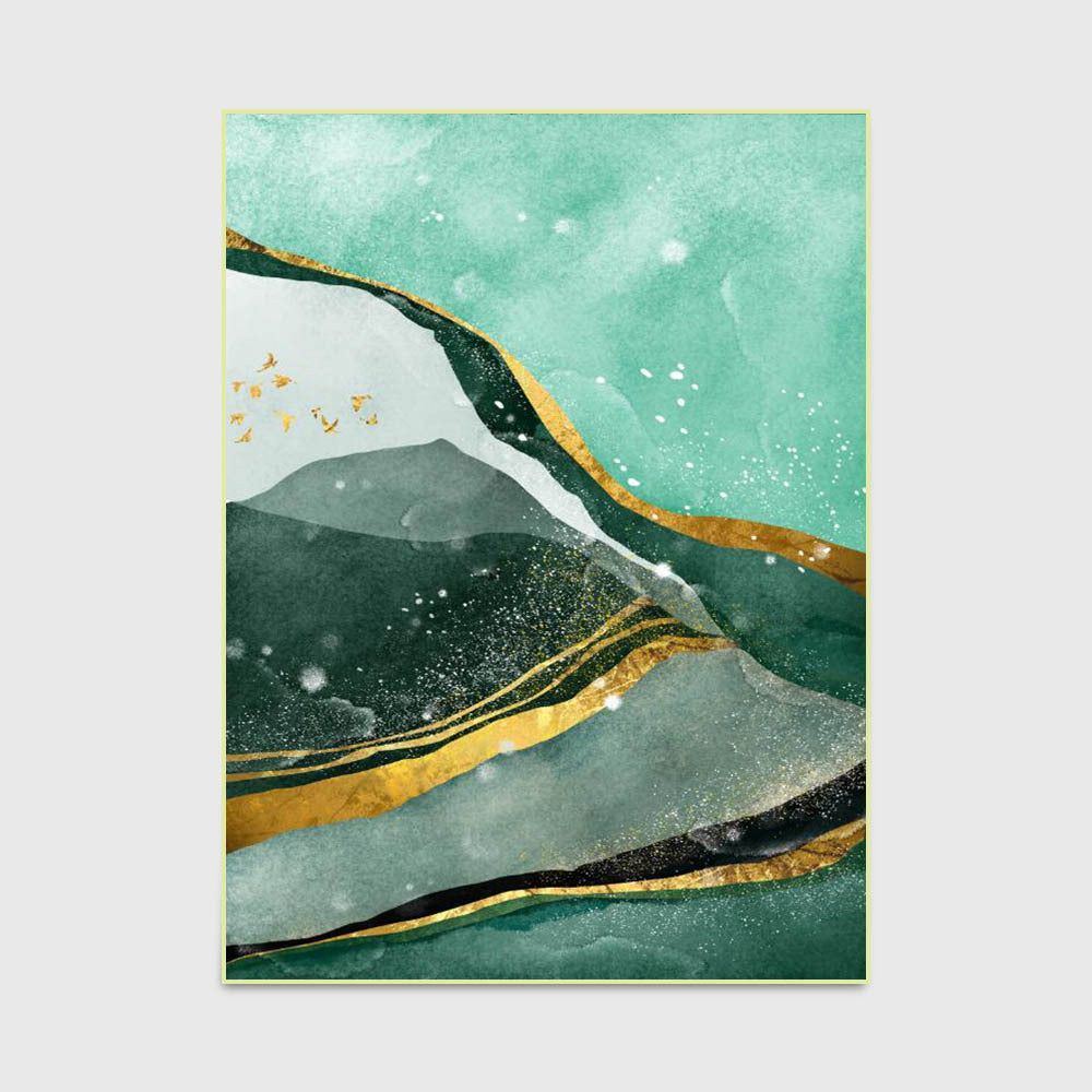 HKM-516243 Modern Abstract Dark Green and Gold Landscape Door Mat - Large Wild Goose Flying Design for Bedroom, Living Room, and Bedside