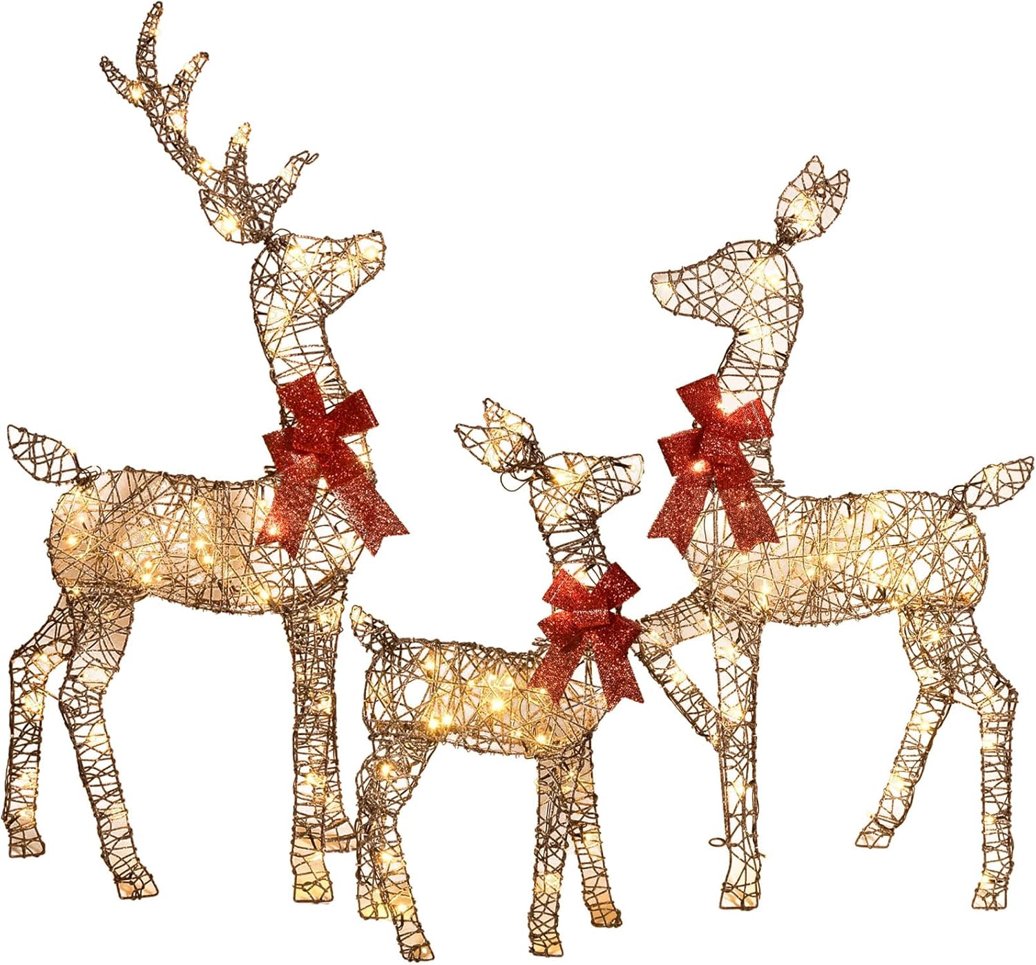 HKM-516371 Lighted 4ft Rattan Reindeer Family Set - 3-Piece Christmas Outdoor Decorations with 145 Warm White LEDs