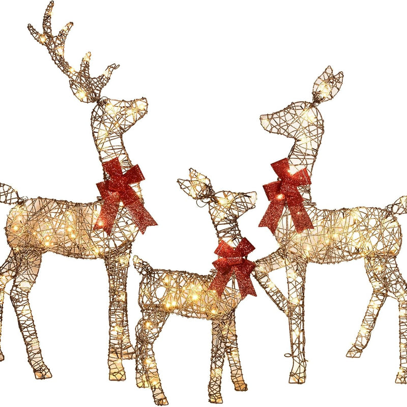 HKM-516371 Lighted 4ft Rattan Reindeer Family Set - 3-Piece Christmas Outdoor Decorations with 145 Warm White LEDs