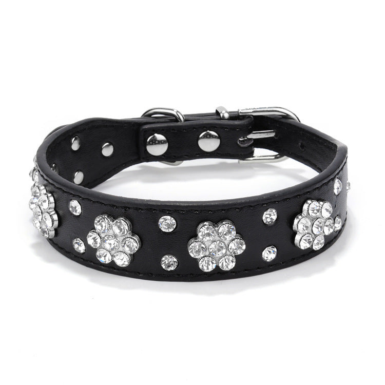 HKM-5168317 Rhinestone Flower Pattern PU Leather Dog Collar for Small and Medium Pets