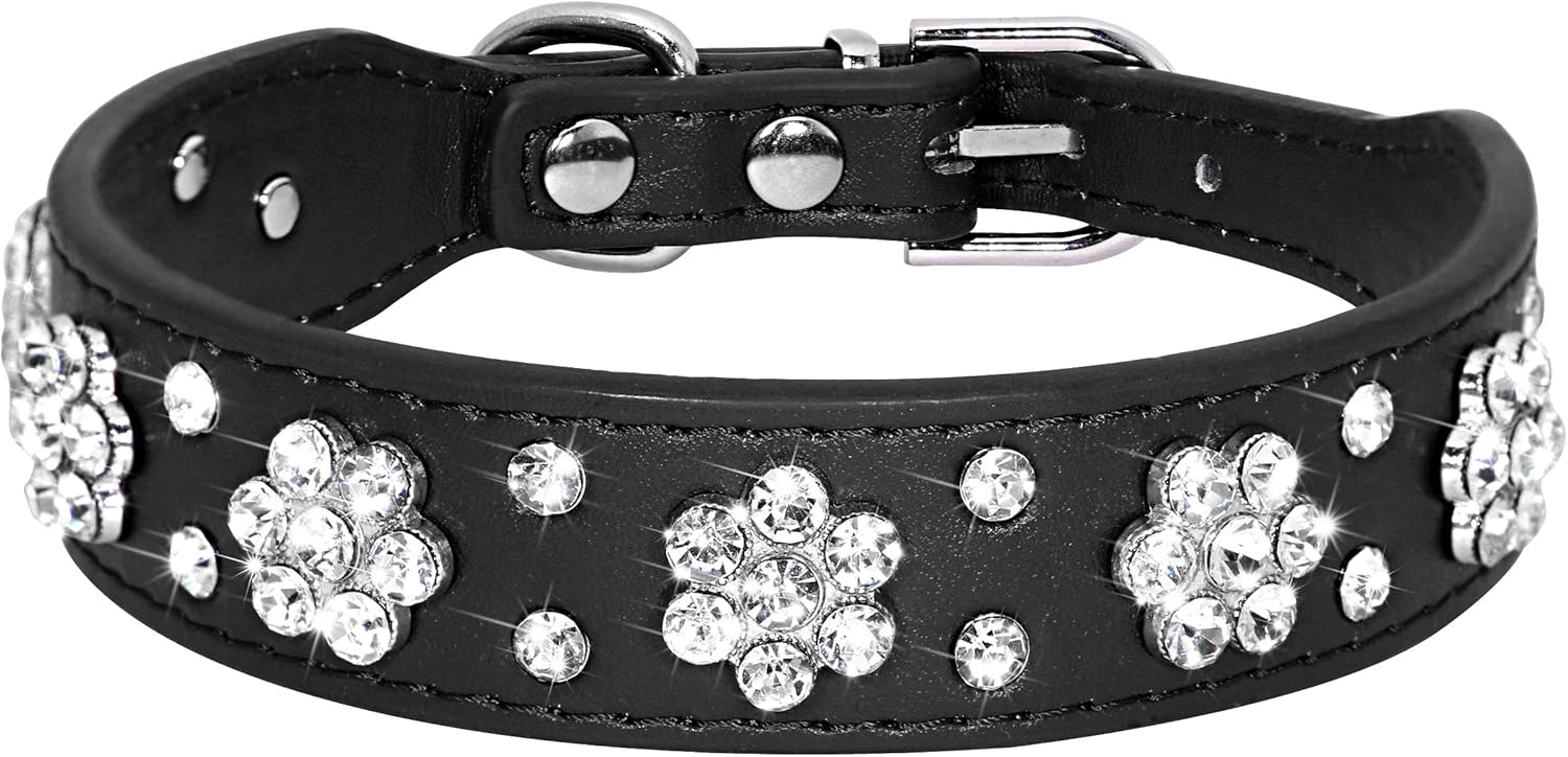 HKM-5168317 Rhinestone Flower Pattern PU Leather Dog Collar for Small and Medium Pets
