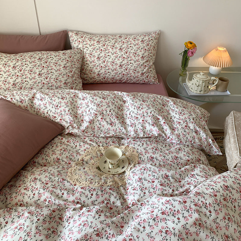 HKM-517331 Cotton Retro Four-Piece Bed Sheet and Duvet Cover Set for 1.2m to 2m Beds with Floral Patterns