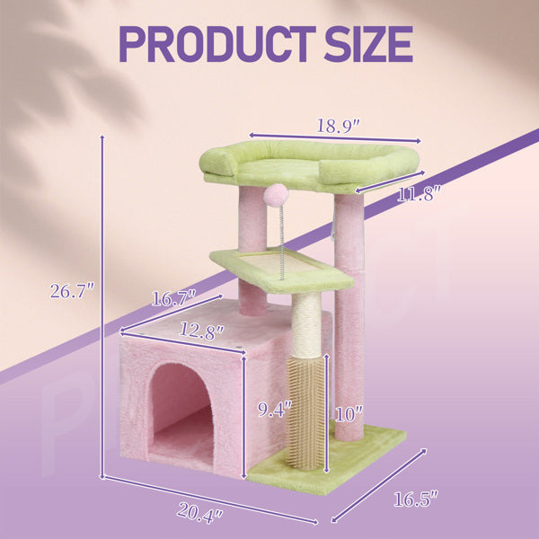 HKM-5175869 Multi-Level Cat Tree with Cozy Condo, Scratching Post, and Soft Perch in Pink and Green