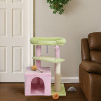 HKM-5175869 Multi-Level Cat Tree with Cozy Condo, Scratching Post, and Soft Perch in Pink and Green