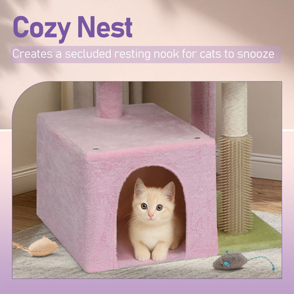 HKM-5175869 Multi-Level Cat Tree with Cozy Condo, Scratching Post, and Soft Perch in Pink and Green