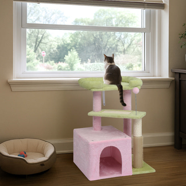 HKM-5175869 Multi-Level Cat Tree with Cozy Condo, Scratching Post, and Soft Perch in Pink and Green