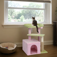 HKM-5175869 Multi-Level Cat Tree with Cozy Condo, Scratching Post, and Soft Perch in Pink and Green