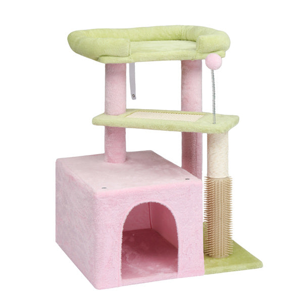 HKM-5175869 Multi-Level Cat Tree with Cozy Condo, Scratching Post, and Soft Perch in Pink and Green