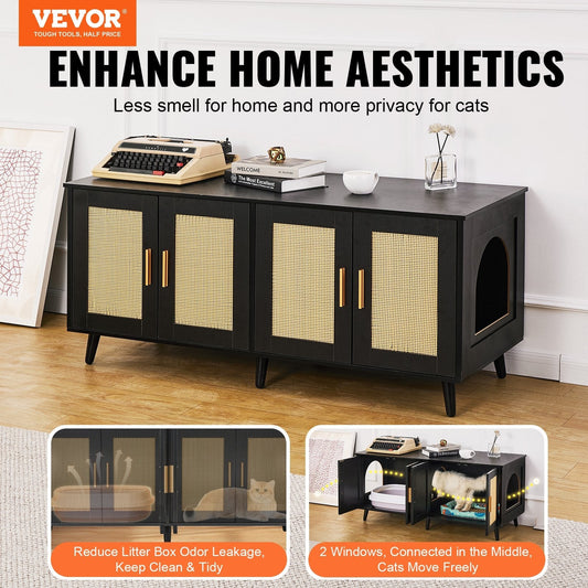 HKM-5176253 Wooden Cat Litter Box Enclosure with Hidden Design and Spacious Access, Black