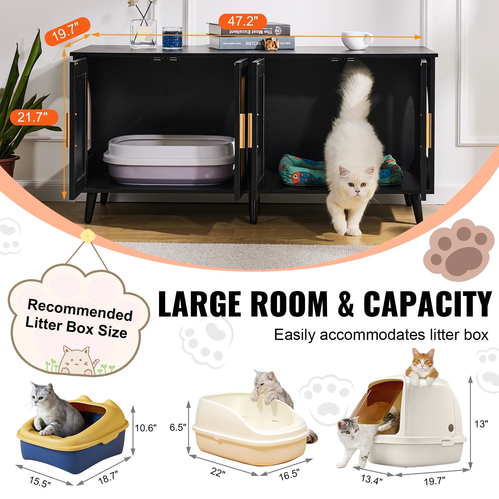 HKM-5176253 Wooden Cat Litter Box Enclosure with Hidden Design and Spacious Access, Black
