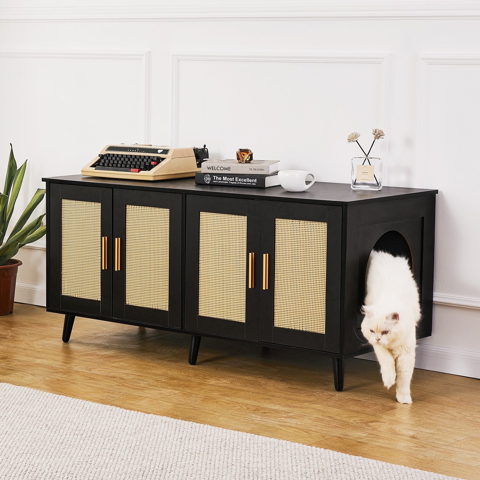 HKM-5176253 Wooden Cat Litter Box Enclosure with Hidden Design and Spacious Access, Black