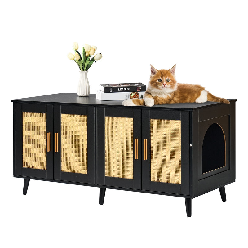 HKM-5176253 Wooden Cat Litter Box Enclosure with Hidden Design and Spacious Access, Black