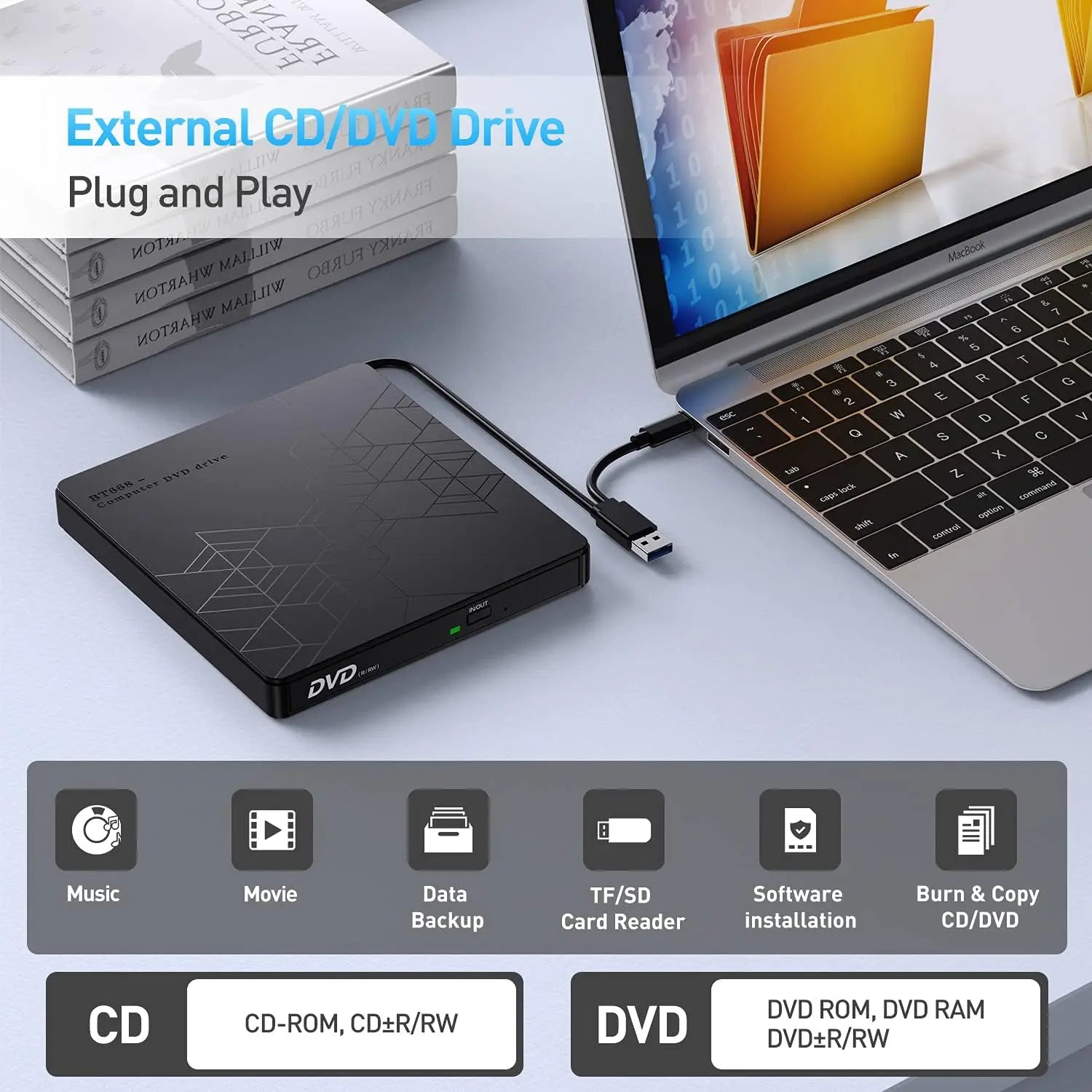 HKM-517843 Ultra Slim Type C/USB DVD RW Drive with SD/TF Ports for Laptop and Desktop
