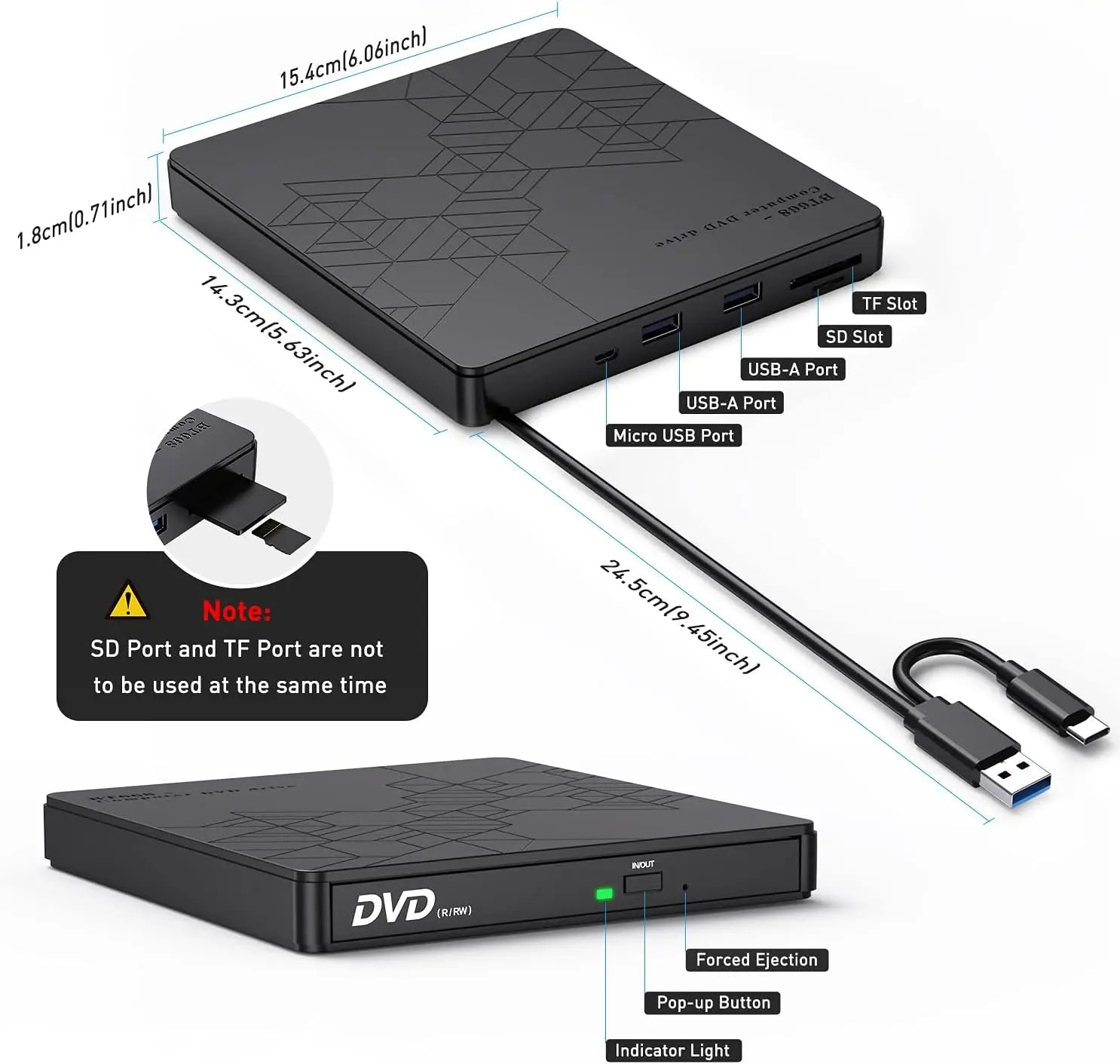 HKM-517843 Ultra Slim Type C/USB DVD RW Drive with SD/TF Ports for Laptop and Desktop
