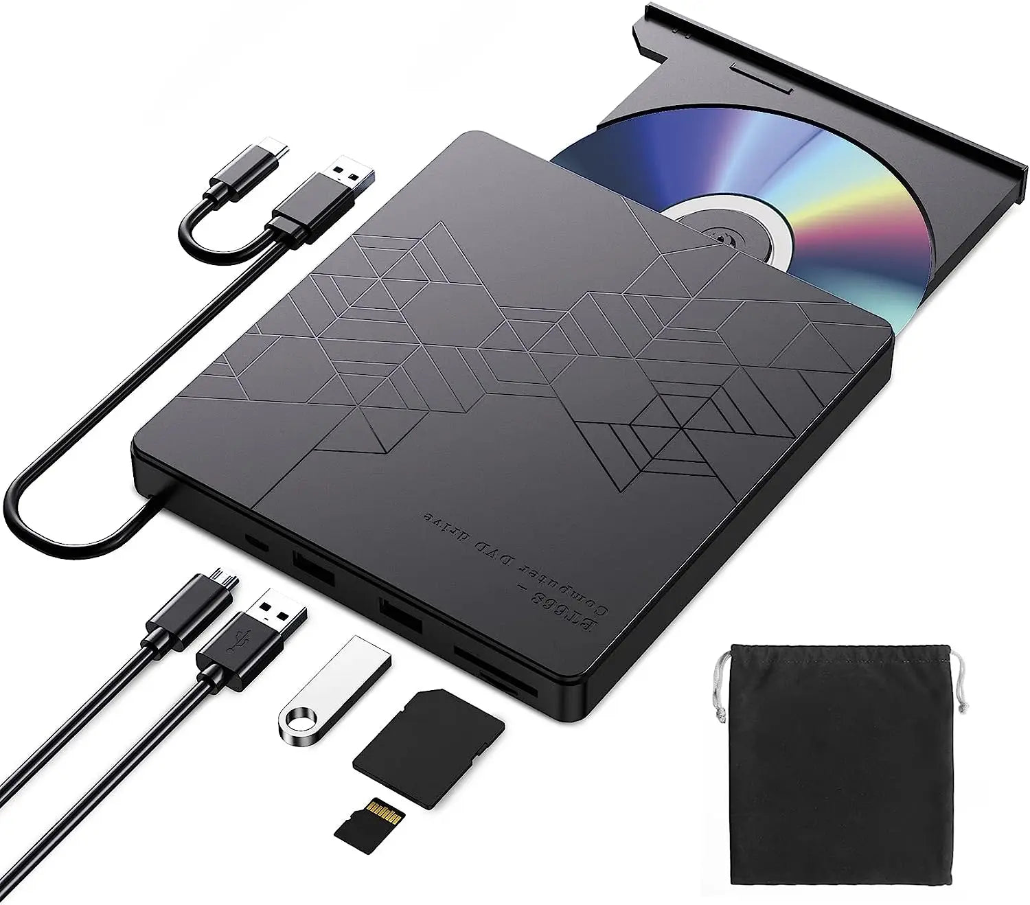 HKM-517843 Ultra Slim Type C/USB DVD RW Drive with SD/TF Ports for Laptop and Desktop