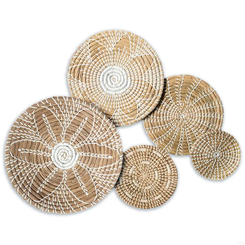 HKM-517907 Rattan Wall Hanging Decor for Living Room - Eco-Friendly Vintage Turkish Style Green Wall Basket