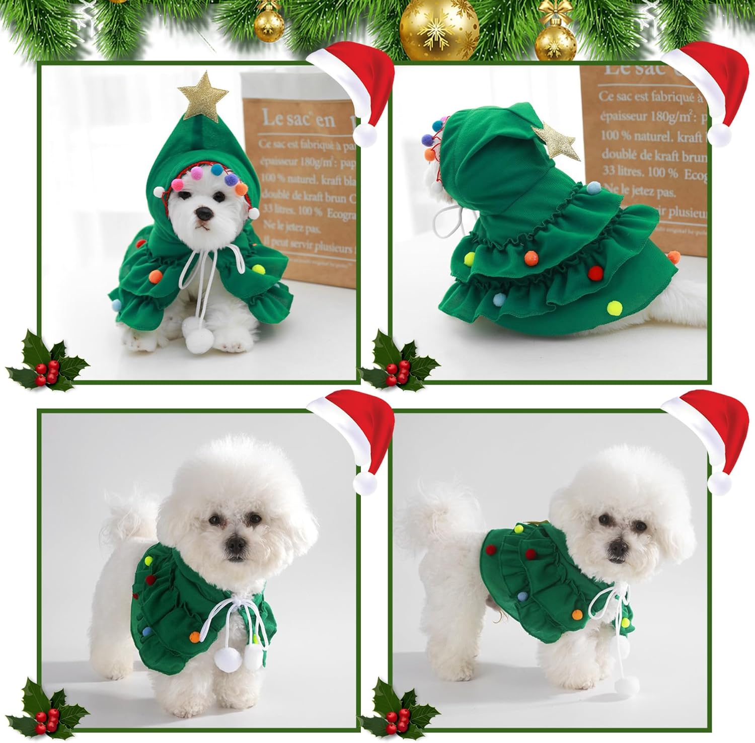 HKM-5179965 Festive Cat Christmas Costume with Tree Design and Star Ornament for Cats and Kittens
