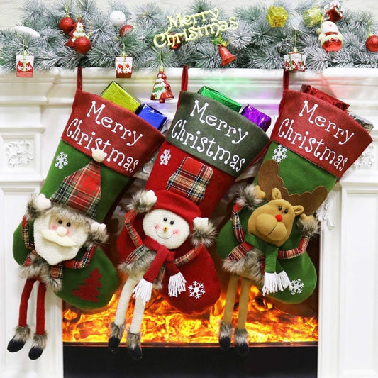 HKM-518099 Set of 3 Large Plush Christmas Stockings for Holiday Decoration - Santa, Snowman, and Reindeer Designs