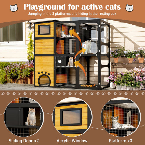 HKM-5181629 Large Outdoor Cat Enclosure with Four Tiers and Platforms, Weatherproof Design for Multiple Cats, Brown