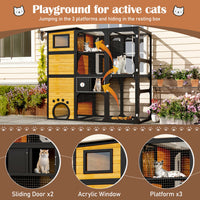 HKM-5181629 Large Outdoor Cat Enclosure with Four Tiers and Platforms, Weatherproof Design for Multiple Cats, Brown