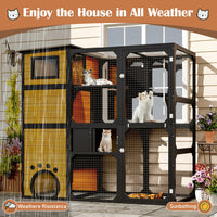 HKM-5181629 Large Outdoor Cat Enclosure with Four Tiers and Platforms, Weatherproof Design for Multiple Cats, Brown