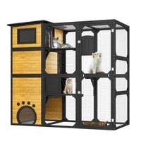 HKM-5181629 Large Outdoor Cat Enclosure with Four Tiers and Platforms, Weatherproof Design for Multiple Cats, Brown