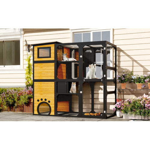 HKM-5181629 Large Outdoor Cat Enclosure with Four Tiers and Platforms, Weatherproof Design for Multiple Cats, Brown