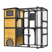 HKM-5181629 Large Outdoor Cat Enclosure with Four Tiers and Platforms, Weatherproof Design for Multiple Cats, Brown