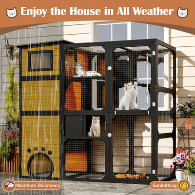 HKM-5181629 Large Outdoor Cat Enclosure with Four Tiers and Platforms, Weatherproof Design for Multiple Cats, Brown