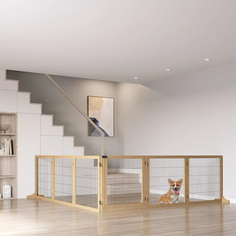 HKM-5182013 Foldable Wooden Pet Gate for Small to Medium Dogs - 6-Panel Safety Barrier with Support Feet