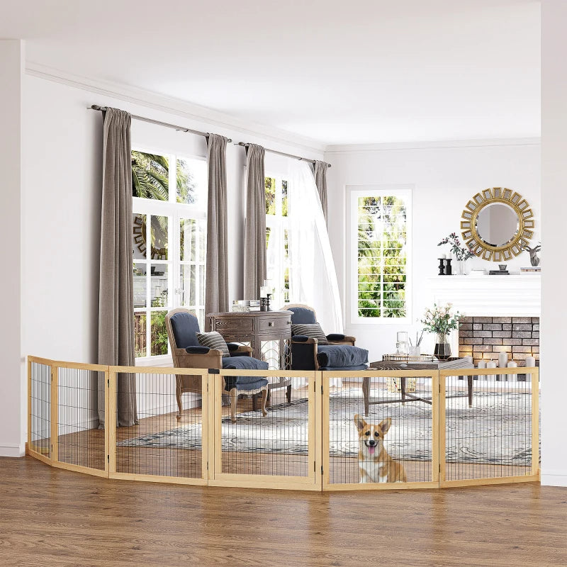 HKM-5182013 Foldable Wooden Pet Gate for Small to Medium Dogs - 6-Panel Safety Barrier with Support Feet