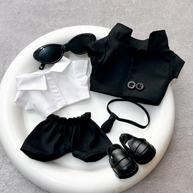 HKM-5188285 Stylish Black Suit Set with Oval Sunglasses and Ankle Boots for Dolls