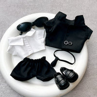 HKM-5188285 Stylish Black Suit Set with Oval Sunglasses and Ankle Boots for Dolls