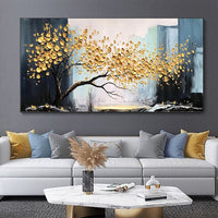 HKM-519571 Handmade Abstract Golden Tree Oil Painting on Canvas - Modern Landscape Wall Art for Living Room Decor