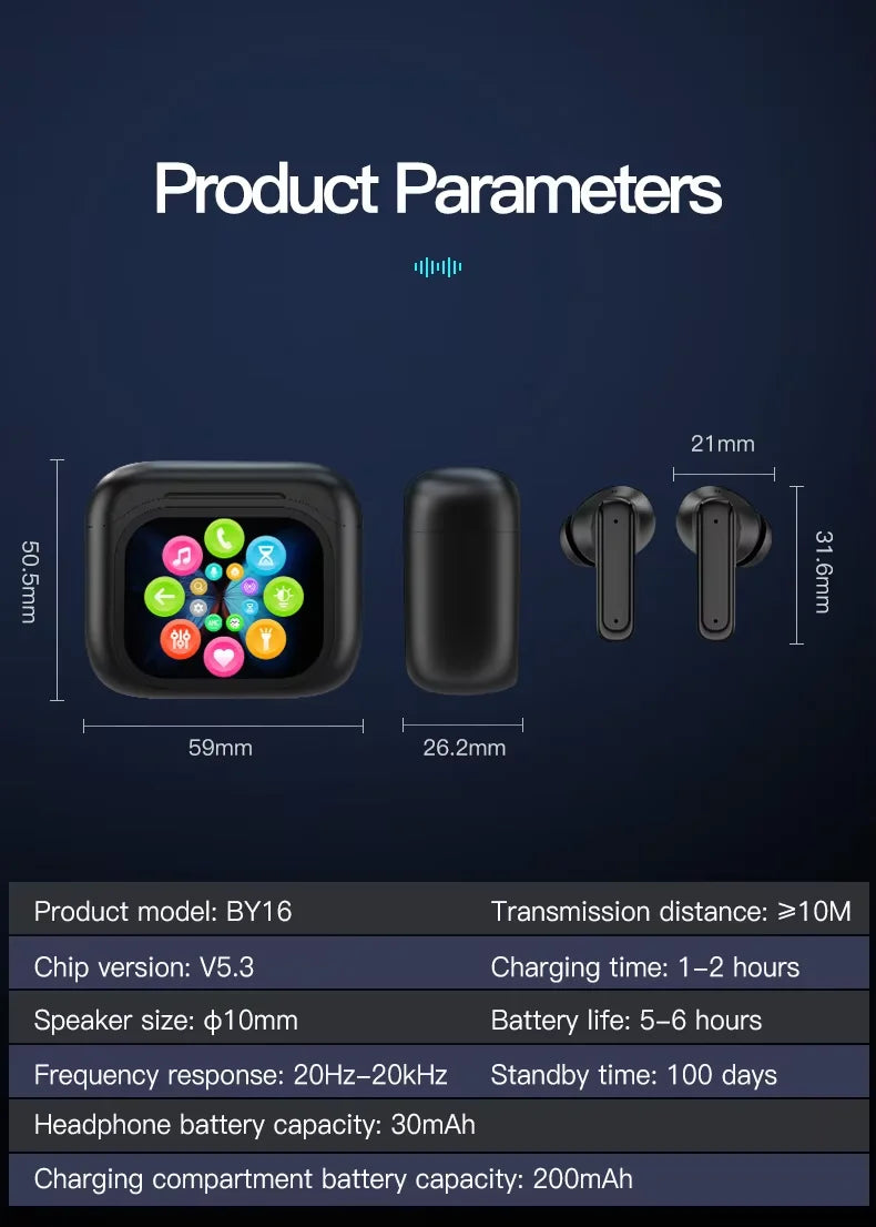 HKM-519635 Wireless Earbuds with LED Display, Active Noise Cancellation, In-Ear Design, Waterproof and Gaming Features