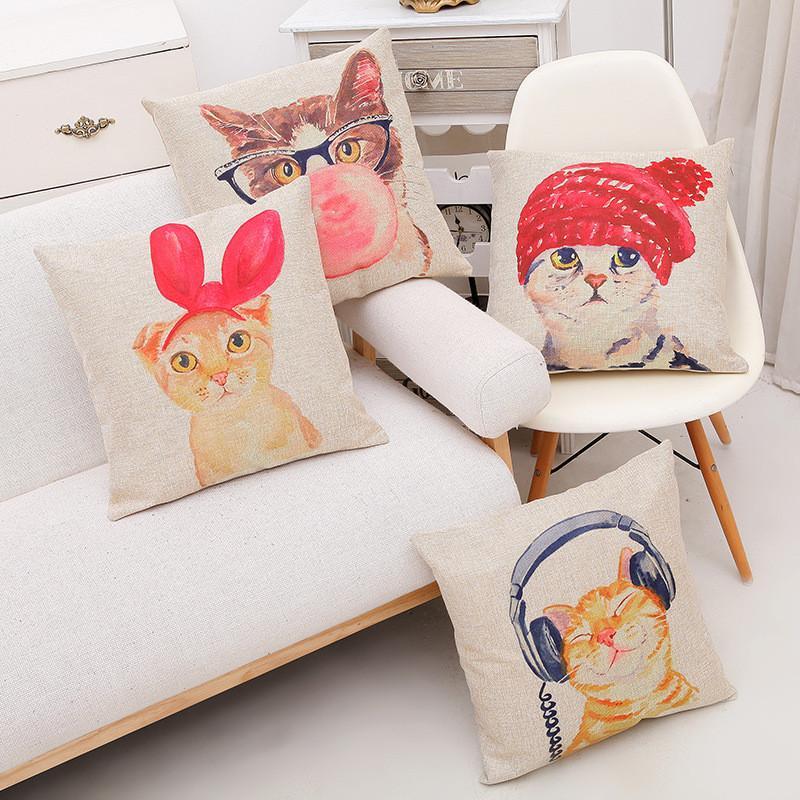HKM-520019 Adorable Linen/Cotton Cat Pillow Covers - 45cm x 45cm, insert not included