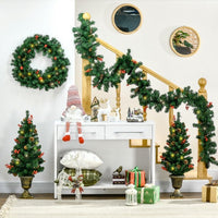HKM-520403 Prelit Holiday Christmas 4-Piece Set with Wreath, Garland, and Entrance Trees - Warm White LED Lights