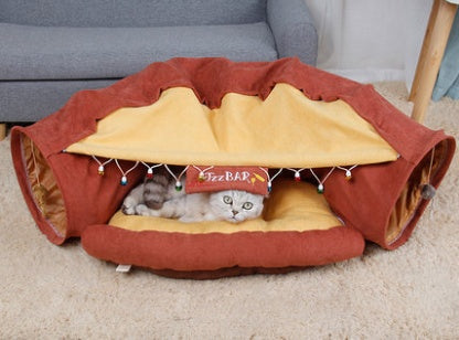 HKM-5204669 Collapsible Cat Tunnel with Sleeping Mat for Indoor Play and Exercise
