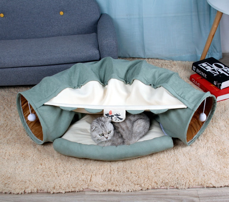 HKM-5204669 Collapsible Cat Tunnel with Sleeping Mat for Indoor Play and Exercise