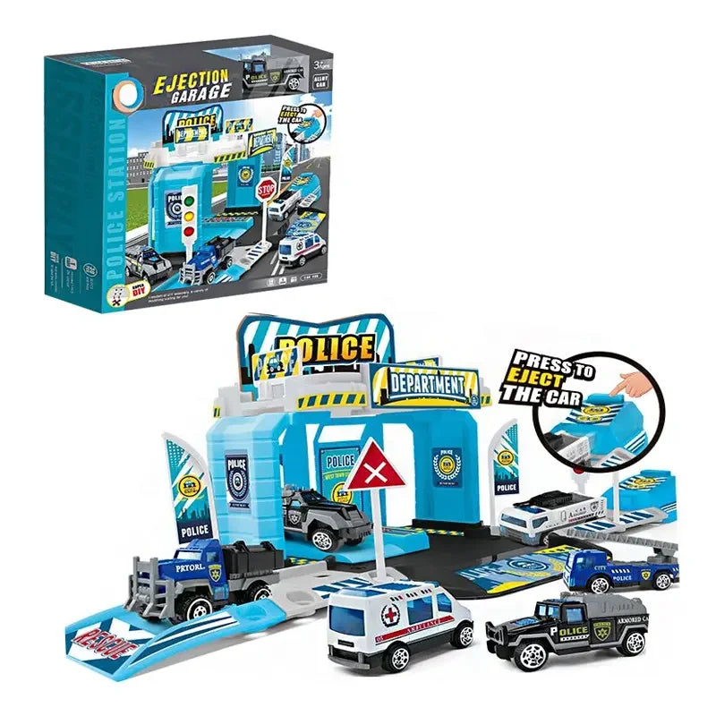 HKM-520595 Ejection Garage Parking Lot Set with Die Cast Cars for Kids Ages 2-7