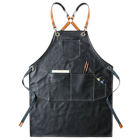 HKM-520659 Heavy-Duty Waxed Canvas Apron with Leather Accents for Kitchen and Work Use 60cm x 75cm Black/Yellow