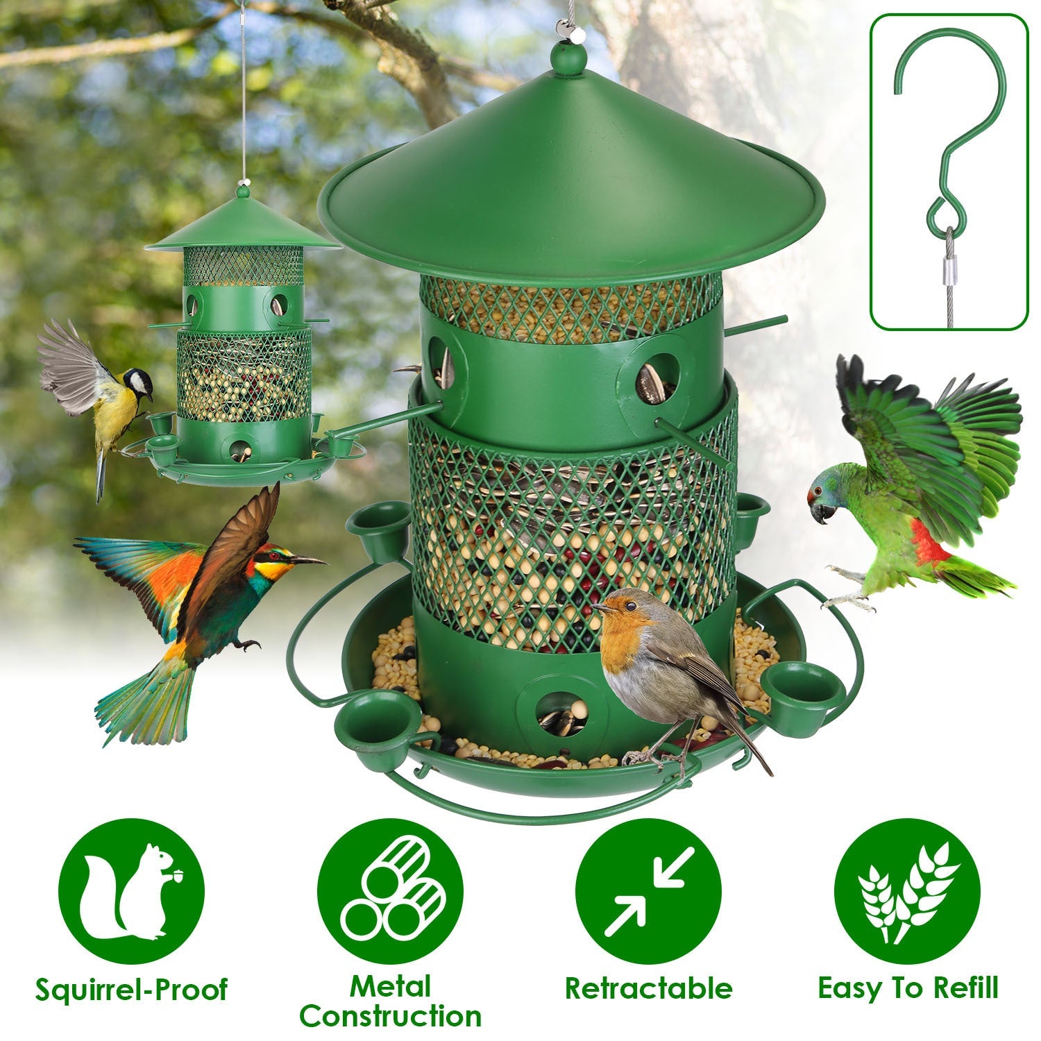 HKM-520723 Outdoor Hanging Wild Bird Feeder with Squirrel-Proof Metal Construction and 360-Degree Feeding Design