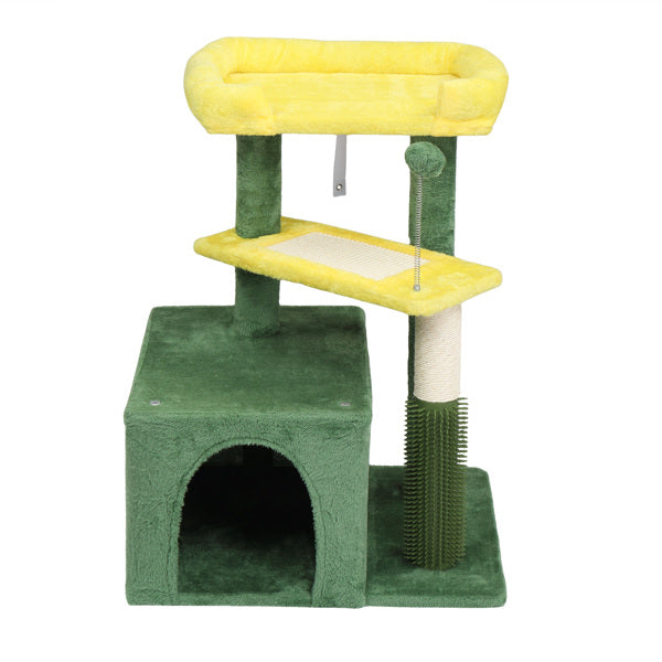 HKM-5208637 Multi-Level Cat Tree with Condo, Scratching Post, and Soft Top Perch in Yellow & Green