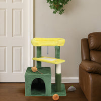 HKM-5208637 Multi-Level Cat Tree with Condo, Scratching Post, and Soft Top Perch in Yellow & Green
