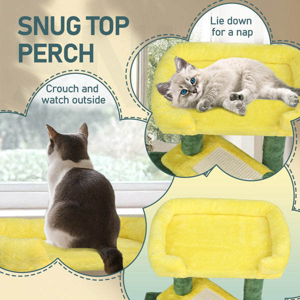 HKM-5208637 Multi-Level Cat Tree with Condo, Scratching Post, and Soft Top Perch in Yellow & Green