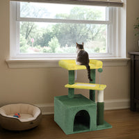 HKM-5208637 Multi-Level Cat Tree with Condo, Scratching Post, and Soft Top Perch in Yellow & Green