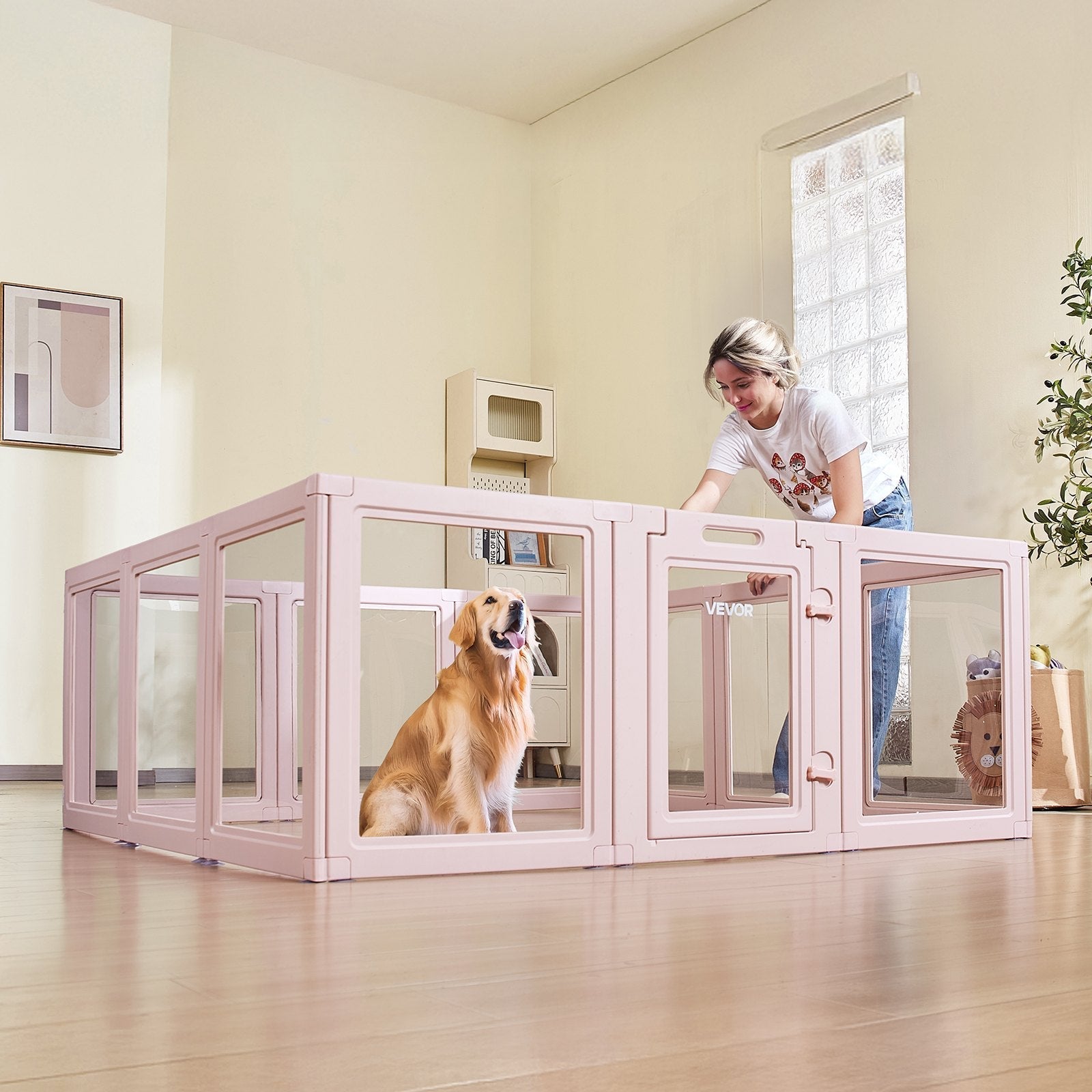 HKM-5209021 Transparent Whelping Box with Window for Large Dogs - Easy Assembly Playpen 60x59x23 In