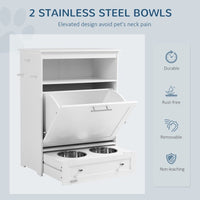 HKM-5211325 Pet Feeder Station Locker with Storage, Raised Bowls, and Hooks for Supplies - White