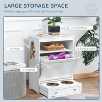 HKM-5211325 Pet Feeder Station Locker with Storage, Raised Bowls, and Hooks for Supplies - White