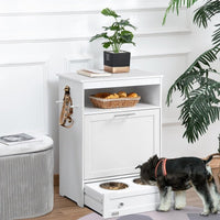 HKM-5211325 Pet Feeder Station Locker with Storage, Raised Bowls, and Hooks for Supplies - White